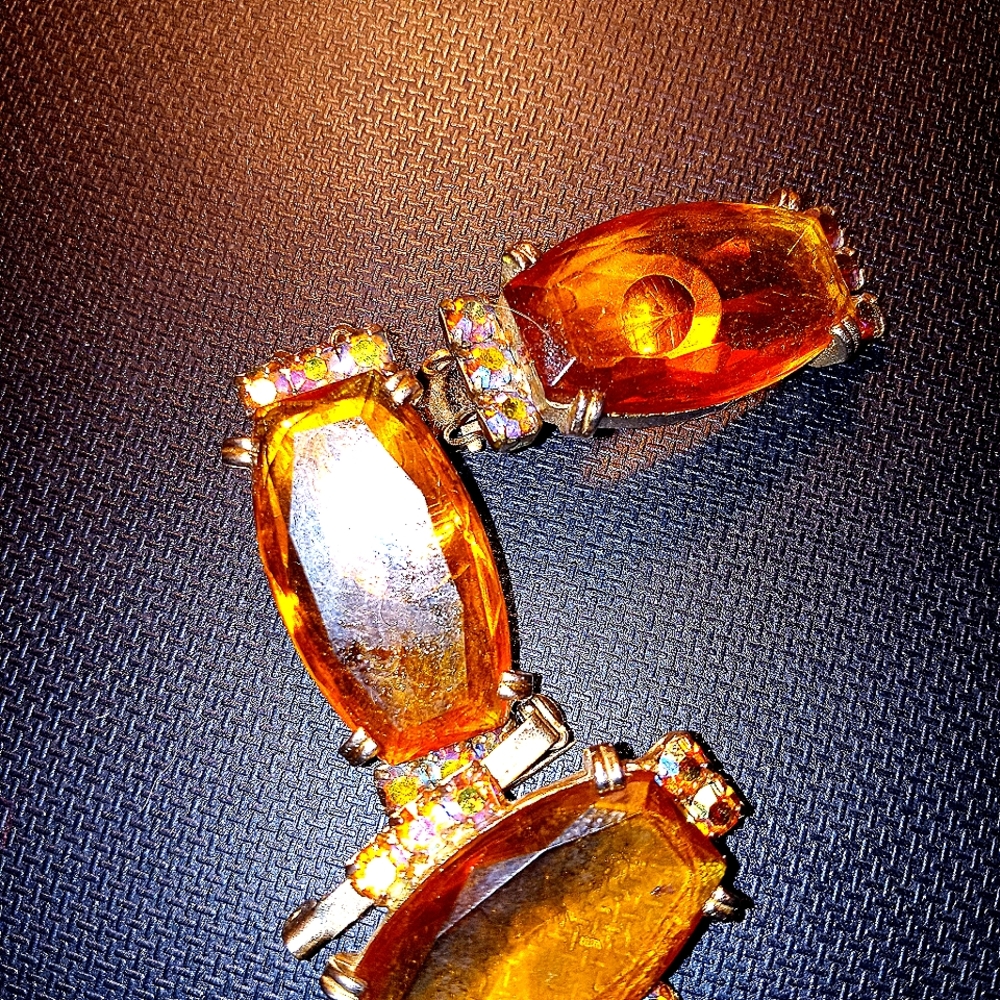 Vintage Topaz Glass Clip Earrings and Pin set